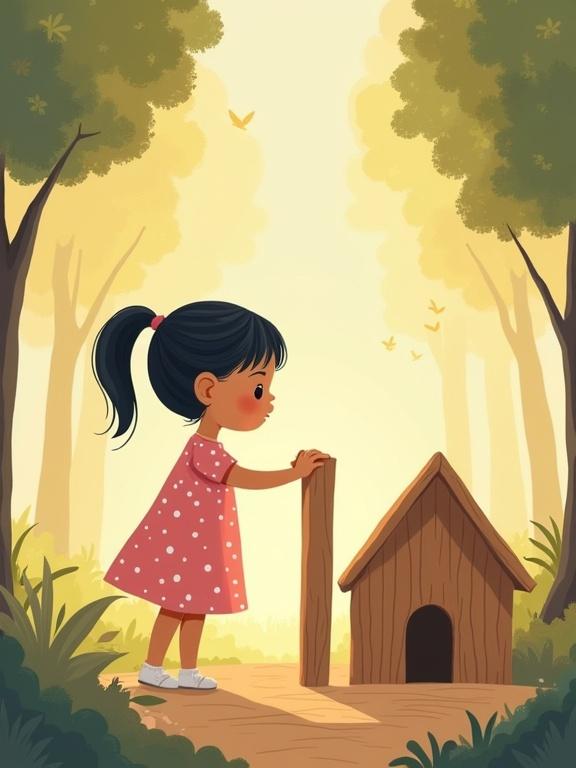 Layla gently places a wooden column back into her small wooden house in a magical forest scene. The setting is peaceful with soft lighting. Layla has short black hair in a ponytail, wearing a pink polka-dotted dress. The house is made of wood without doors or windows. The atmosphere is calm and dreamy, reflecting her joyful imagination.