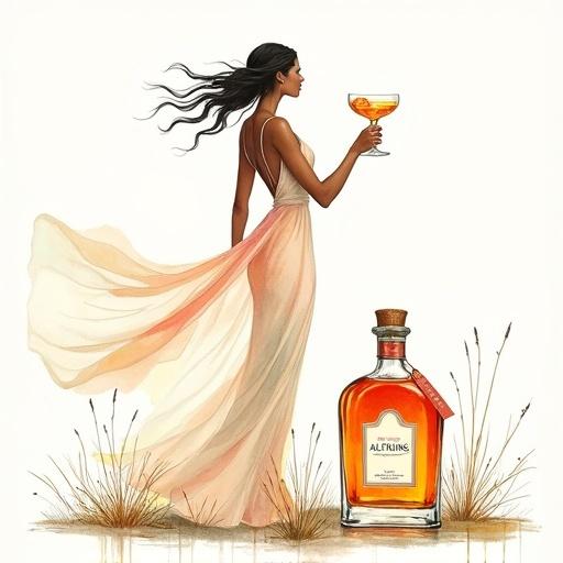 A beautiful silhouette of a Venus goddess supermodel. Posing in a luxury garden wearing a silky dress. Holding a cocktail glass. A bottle labeled 'ALFRUNO' is nearby. The artwork is minimalist in style.