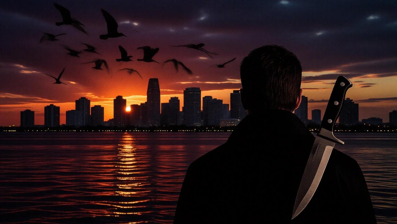 Dark Miami sunset cityscape with a silhouette. Figure with a knife stands facing the skyline at sunset. Ominous atmosphere with birds in the sky.