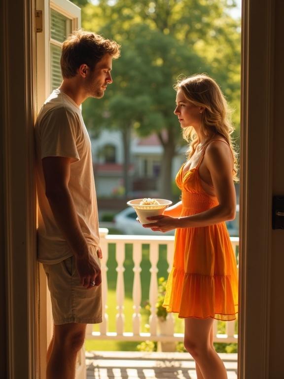Cinematic scene on suburban porch. Beautiful woman in bright summer dress stands at front door. She holds empty sugar bowl. Man in loose shirt partially opens the door. Nervous smile on his face. Photo taken from inside the house shows side angle of man and front view of girl. Background displays quiet upscale neighborhood. Lighting is warm and golden with soft shadows. Scene evokes sense of forbidden temptation.