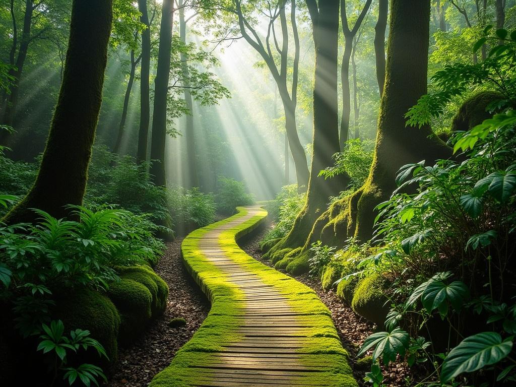 A beautiful rainforest at Ang Ka Nature Trail in Doi Inthanon National Park, Thailand. The scene features a wooden boardwalk covered in bright green moss. Lush greenery surrounds the trail, with towering trees and ferns creating a vibrant atmosphere. Soft sunlight filters through the leaves, casting dappled shadows on the path. Mist weaves through the foliage, adding a touch of mystery to the landscape. The tranquil setting invites visitors to explore and appreciate the serene beauty of nature.