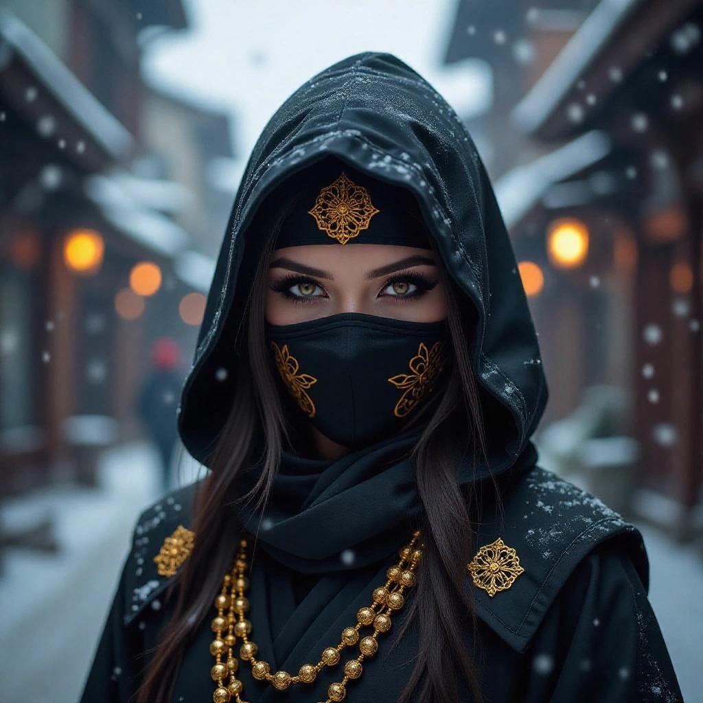 Photo of a masked kunoichi ninja in snowy town. She wears eyeliner and gold jewelry. Dark streets with winter atmosphere.