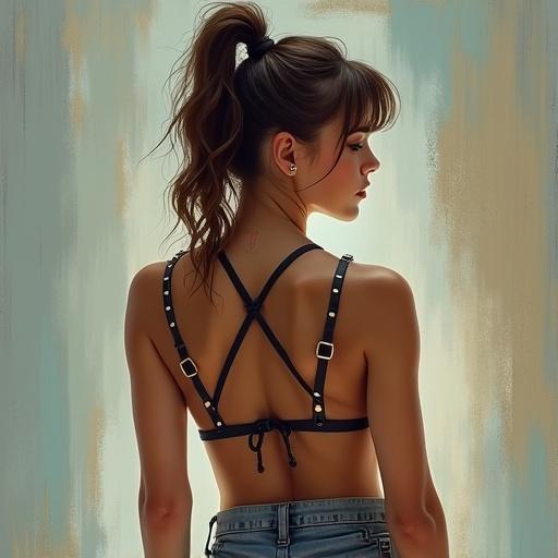 Girl in fashionable outfit with back view. Wearing black strap bra and denim shorts. Long hair styled in ponytail. Soft lighting and pastel background.