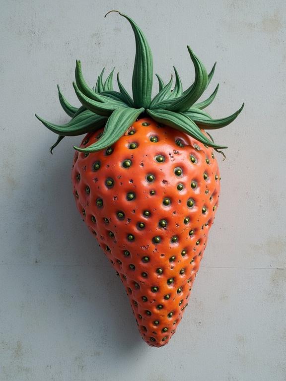 Bright red strawberry with detailed texture. Green leafy crown adds uniqueness. Overall shape is oversized and exaggerated. Background is simple with soft colors. Focus is on the fruit's lifelike appearance and playful design.