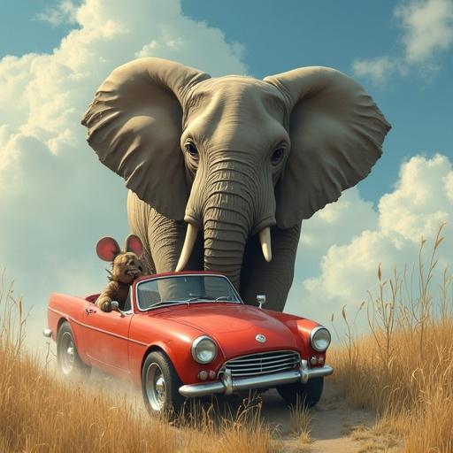 An elephant follows a convertible car driving in a grassy area. A mouse wearing large ears drives the car. The sky is partly cloudy. The atmosphere is cheerful and playful.