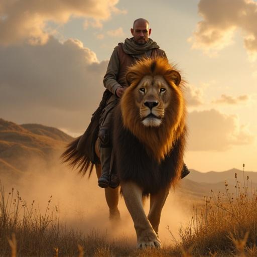 A man is riding a lion in a majestic landscape. The lion appears powerful and proud. The scene is filled with warm natural light. There are hills in the background.