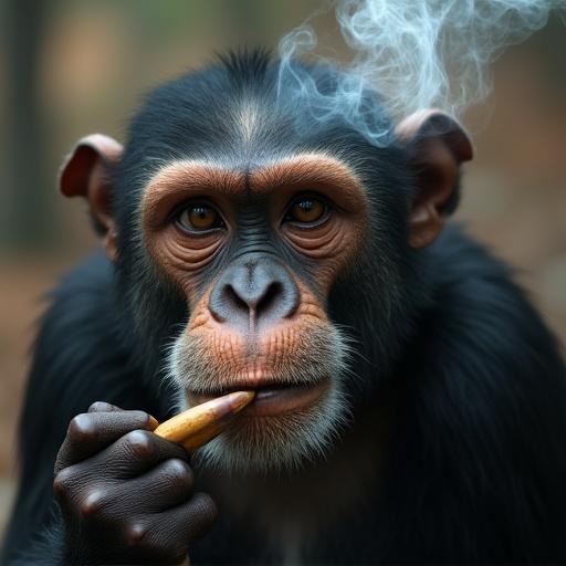 A close-up portrait of a monkey with a serious expression holding a smoking object. The monkey appears thoughtful and contemplative. Smoke wafts gently from the object held in its mouth.