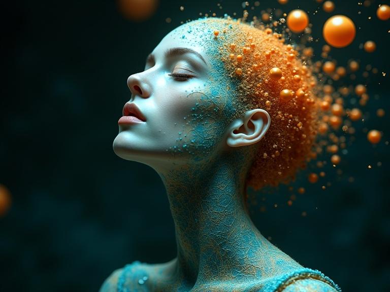 Surreal portrait of a woman with closed eyes. Face adorned with cosmic patterns in teal and orange. Blend of organic and futuristic elements. Floating orange orbs and textured details cascading. Dark, dreamy background enhancing the artwork's atmosphere.