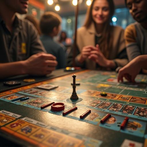 Gathering around a board game table with players actively engaged in a game. Various game pieces and cards displayed on a vibrant table. Soft warm lighting creating an inviting ambiance.