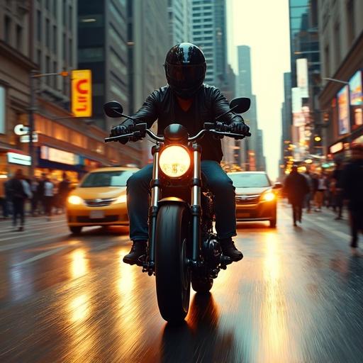 Dynamic street scene, motorcycle rider in urban setting, golden hour, stylish leather jacket, black helmet, dark jeans, wet asphalt reflections, pedestrians in motion, skyscrapers, vibrant atmosphere, warm dramatic lighting.