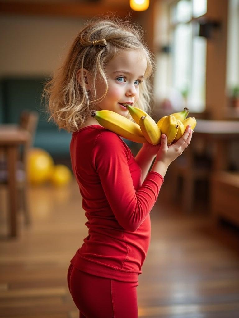 A girl with blonde hair holds bananas at a party. She wears bright red leggings. The setting includes soft natural light and wooden floors.