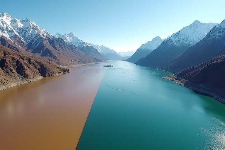 Dramatic aerial view featuring a massive river split into two colors. Brown-orange water flows against deep blue water. Majestic snow-capped mountains are in close view, showcasing rocky textures and snowy peaks. Bright daylight emphasizes details and textures throughout the scene.