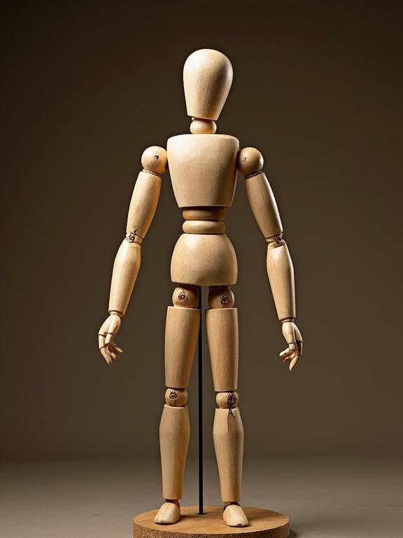 Wooden puppet figure standing upright. Mannequin used for art and posing. Captured in soft lighting against a neutral backdrop.