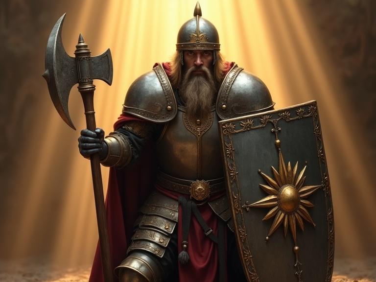 Medieval cleric in full steel armor with ornate sun helm. Exposes bearded face and piercing gaze. Crouched defensively behind large shield with sun design. Wielding long-handled hammer. Light shines down dramatically.