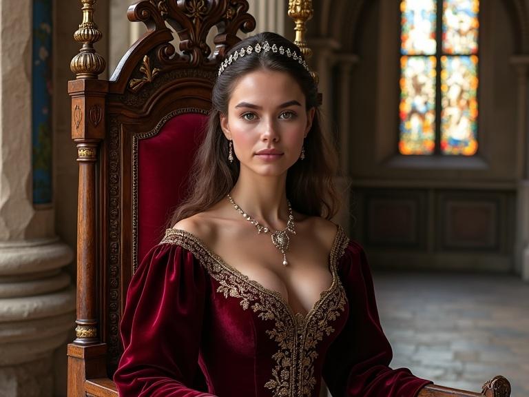 A beautiful princess with delicate features sits on a throne in a 13th-century medieval castle. She wears a deep burgundy velvet gown with golden embroidery and pearls, with a large neckline. An elegant headpiece rests on her brown hair. The throne is carved wood with gold details and red cushions. The room features stained glass windows, stone columns, tapestries, and a stone floor. The scene conveys majesty and historical realism.