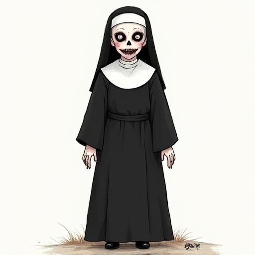 A full-body front-facing drawing of a nun in a childlike hand-drawn style. The nun wears a traditional black habit and white wimple. The nun has an unsettling facial expression and a macabre tone.