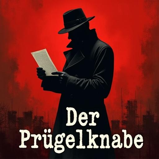 Blood-red backdrop creates a dramatic setting. A shadowy figure dressed in a trench coat and fedora stands front and center. The figure is holding a mysterious letter, which adds intrigue. The title 'Der Prügelknabe' is prominently displayed in cracked white typewriter font. Subtle police tape frames the bottom of the image for thematic emphasis.