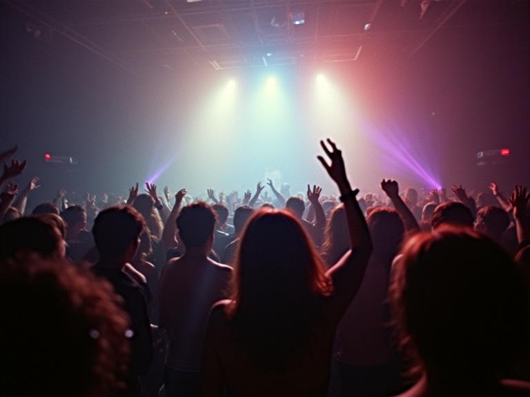 Crowd at a Berlin techno party in 1992. People with raised hands enjoying music. Dimly lit environment with colorful lights. Focus on the energetic atmosphere.