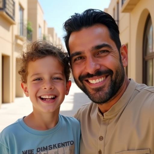 A man and a child take a selfie outdoors. Both wear smiles filled with joy. The setting features residential buildings. Natural sunlight highlights their faces and the surroundings. Emotional connection is evident. The photo reflects warmth and cheerfulness.