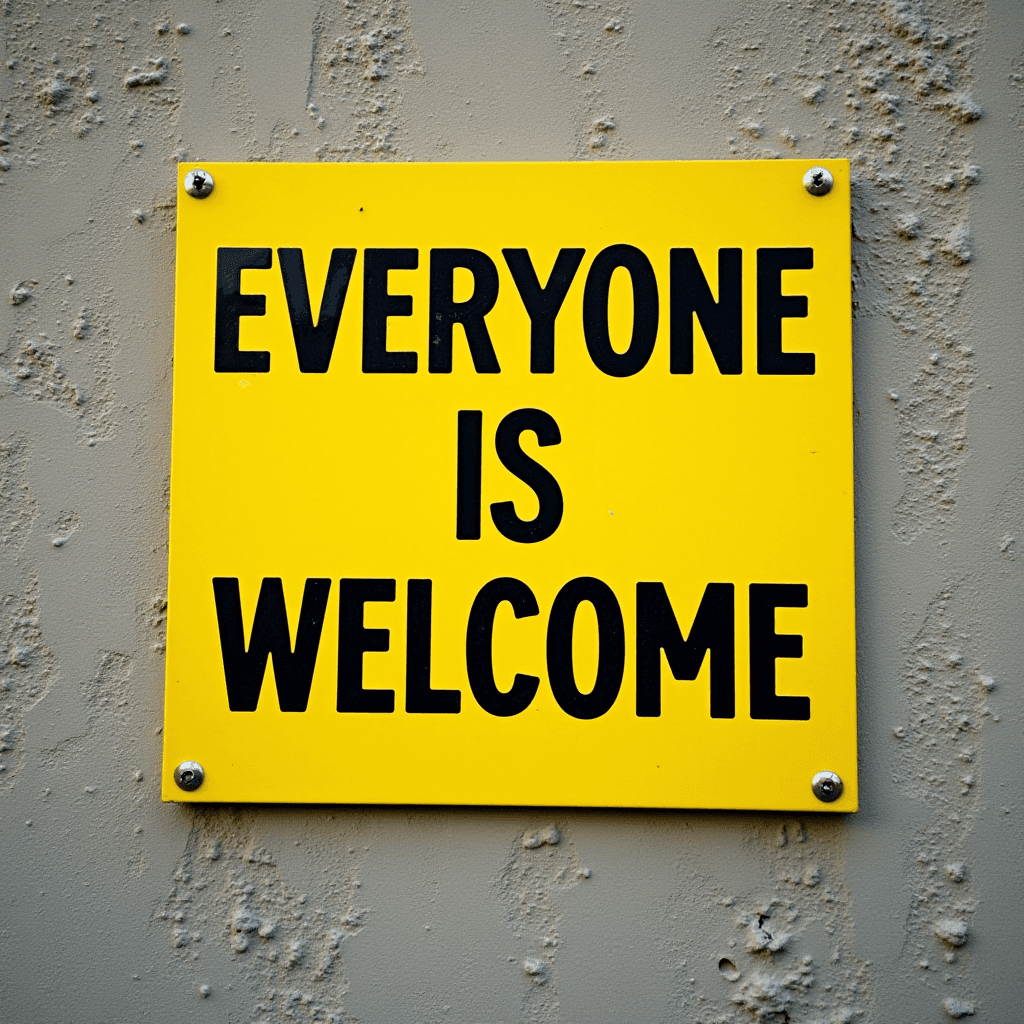 A yellow sign with the message 'Everyone is Welcome' on a textured wall.