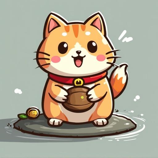 A cute cartoon cat holding a small pot. The cat has a cheerful expression and is sitting on a stone with a few small items beside it. The style is colorful and playful.