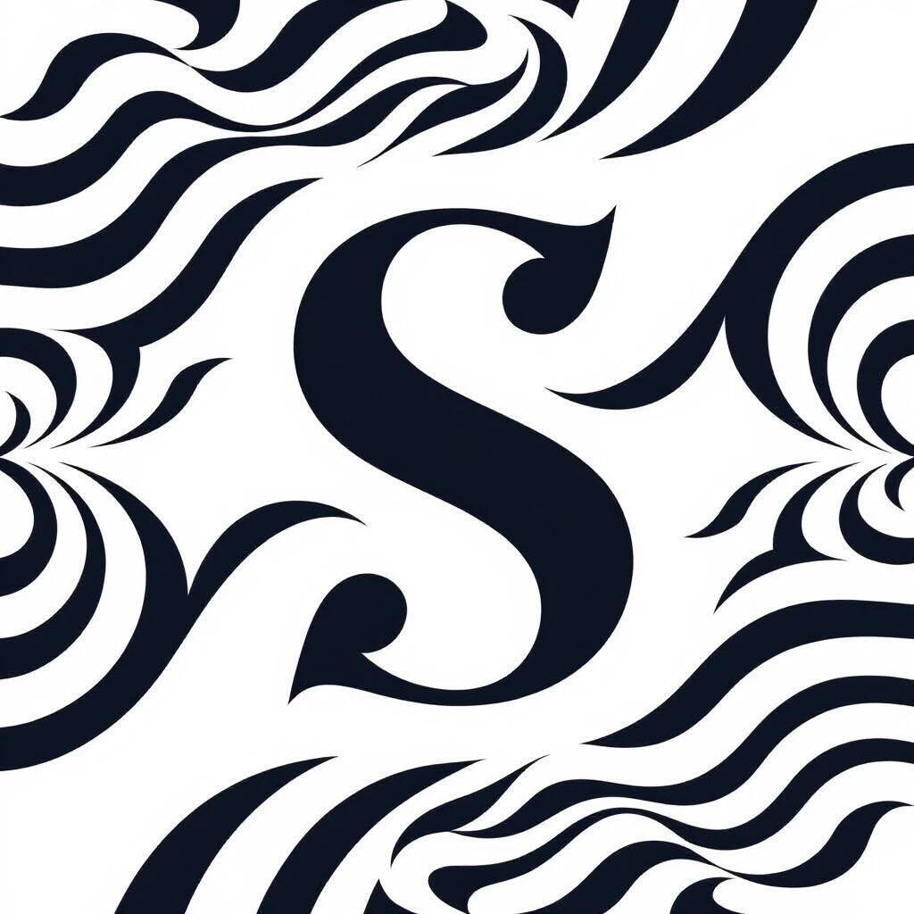 Create a minimalist design of the letter S with thick smooth tapered curves. The top of S is rounder and the bottom is angular. Use solid black color on a white background. The shape should convey fluidity and motion like a modern logo.
