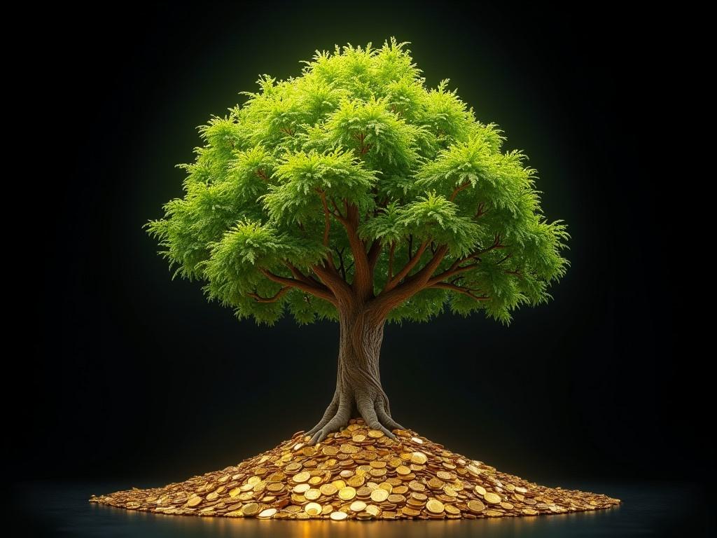 The image depicts a magnificent money tree standing tall above a mound of coins. The tree has a sturdy trunk and vibrant green leaves, symbolizing growth and prosperity. Instead of normal leaves, there are various coins shining in the light, representing wealth and abundance. The base of the tree is surrounded by a large pile of coins, suggesting a strong relationship between nature and finances. The background is dark, allowing the tree and coins to stand out prominently, creating a striking visual contrast.