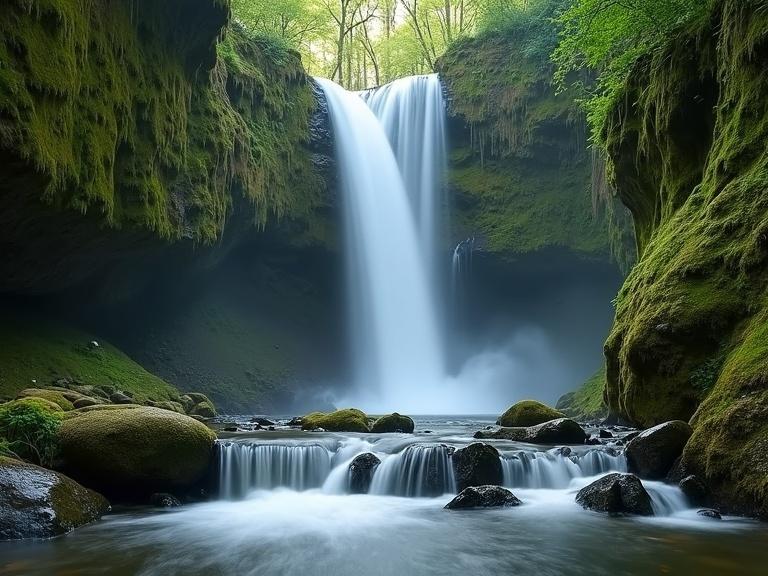 Serene waterfall cascades down moss-covered canyon. Water flows over smooth rocks forming small shimmering pools. Vibrant green moss covers canyon walls. Camera pans up revealing graceful waterfall descent. Scene bathed in soft natural light enhancing peaceful ambiance.