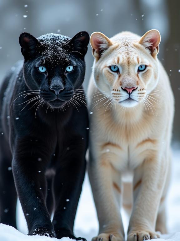 A black panther and cream-colored panther stand side by side in a snowy forest. Both cats have blue eyes and gaze directly at the viewer. The dark coat of the black panther contrasts with the pale fur of the cream-colored cat. Snowflakes land on their fur against wintery trees.