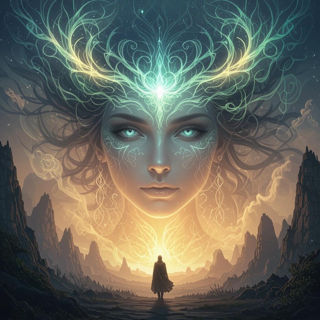 Surreal glowing ethereal concept art features high detail and mystical elements in a fantasy landscape.