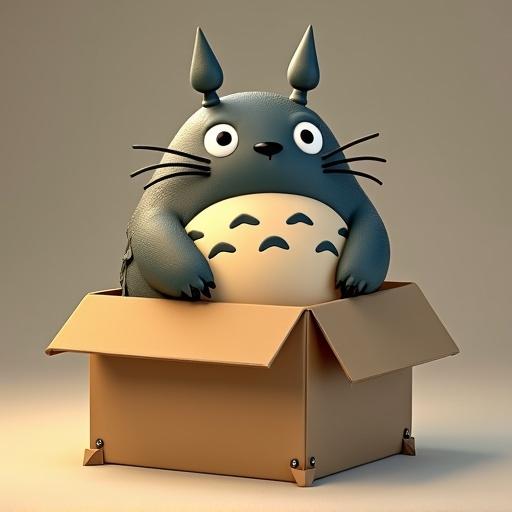 A 3D animated box features a Totoro character with big eyes and whiskers. The character is comfortably sitting on top of a round white shape resembling Totoro's belly. The box is simple and neutral in color.