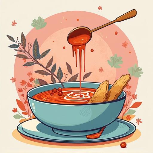 An illustration showing a soup bowl with broth being poured from a ladle. The bowl is blue and contains red soup with swirls. Two fried sticks are placed beside the bowl. Background displays simple floral patterns for decoration.