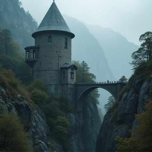 Round dark medieval tower located in a mountain gorge. A bridge is featured on the right side of the image.