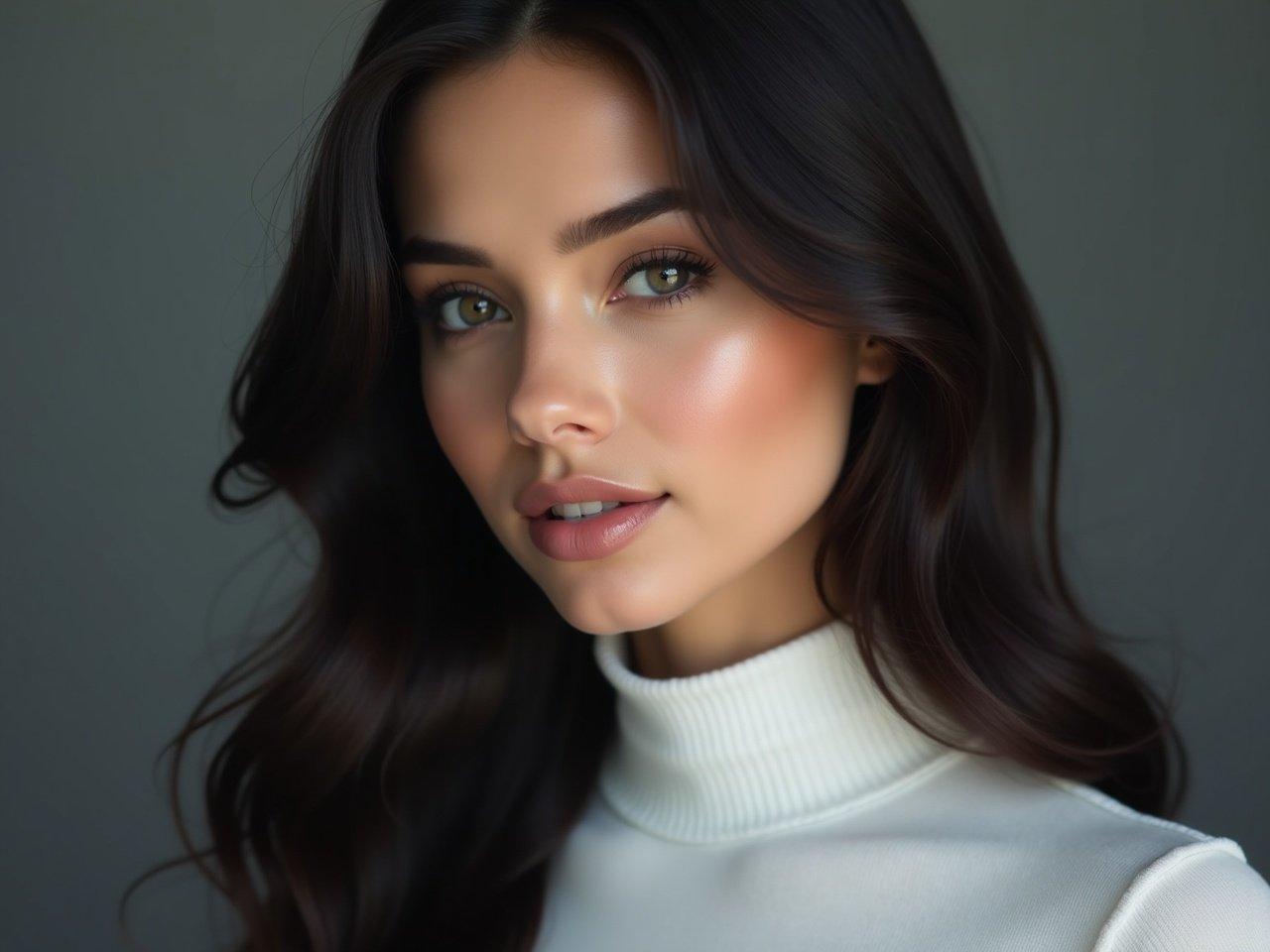 Portrait of a young beautiful woman with long, dark hair and dark eyes, wearing a white turtleneck. She is captured in a close-up shot, looking slightly to the right of the camera with a neutral yet alluring expression. Her full makeup enhances her features, especially her glossy lips. The lighting is soft and diffused, creating a gentle glow on her silky smooth skin. The background is a subtle gray or dark color, which adds depth to the image. The focus is on her face, making it the primary subject of the portrait. This is high quality, professional photography with a realistic style and photorealistic details.