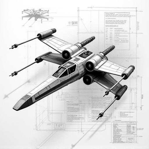 Hyper-detailed pencil illustration of a Star Wars X-Wing starfighter in flight. S-foils in attack position. Dynamic top-down three-quarter perspective. Visible pilot in the cockpit. Intricate details on engines and laser cannons. Overlayed on technical blueprint schematics. Features construction lines and annotations. Realistic shading creates three-dimensional effect. Sci-fi vehicle art.