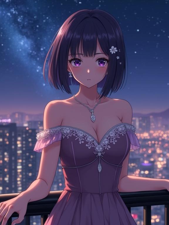 A beautiful anime lady stands calmly, facing the viewer with an elegant presence. She has dark violet hair in a neat bob cut and matching violet eyes. Adorned with a white rose hairpin and dangling earrings, her luxurious gown is off-shoulder with intricate embroidery. The setting is a scenic nighttime view with a starry sky and sparkling city lights.