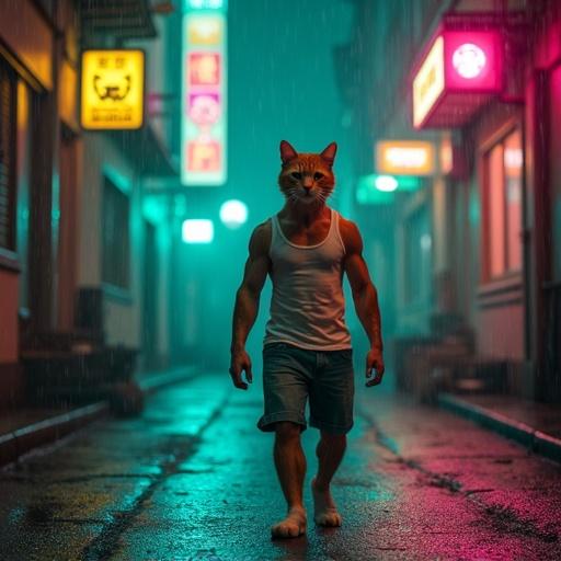A rain-soaked cyberpunk alley at night with neon illuminated signs. A muscular ginger cat with human physique walks through thick radioactive fog. The cat wears a tight white tank top and denim cutoffs.