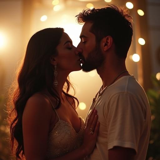 Couple sharing a romantic kiss in soft warm lighting with festive bokeh background. Focus on their closeness and connection. Emphasis on intimate moment between two lovers.