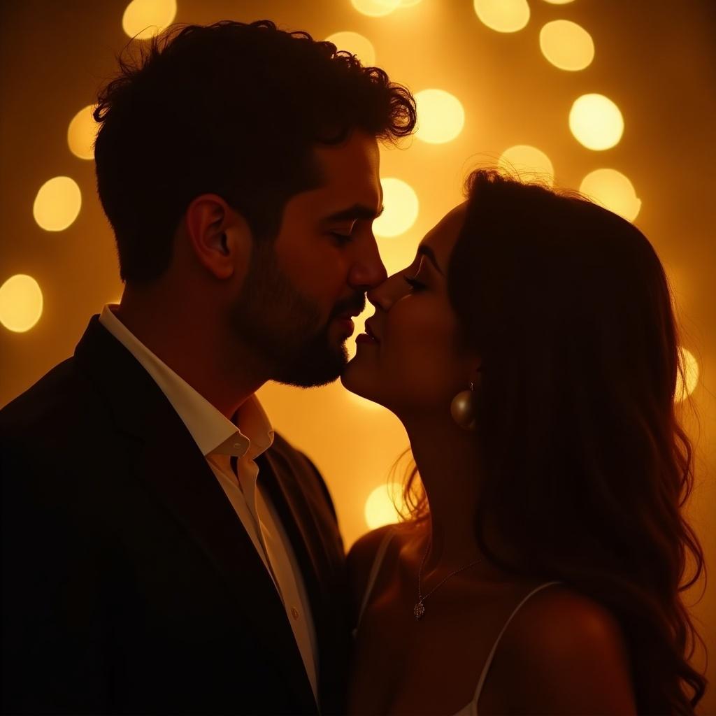 Couple shares a gentle kiss against warm glowing lights. Soft focus background enhances closeness. Golden lighting casts warm hue on their faces. Atmosphere filled with love and serenity. Captures intimacy and magic of shared moments.