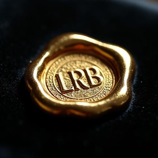 Extreme close-up macro shot of a large gold seal. Seal pressed into black velvet surface. Letters 'LRB' are engraved. Soft lighting emphasizes texture and details. Mood is tactile and luxurious. Style is macro photography with an exclusive feel.