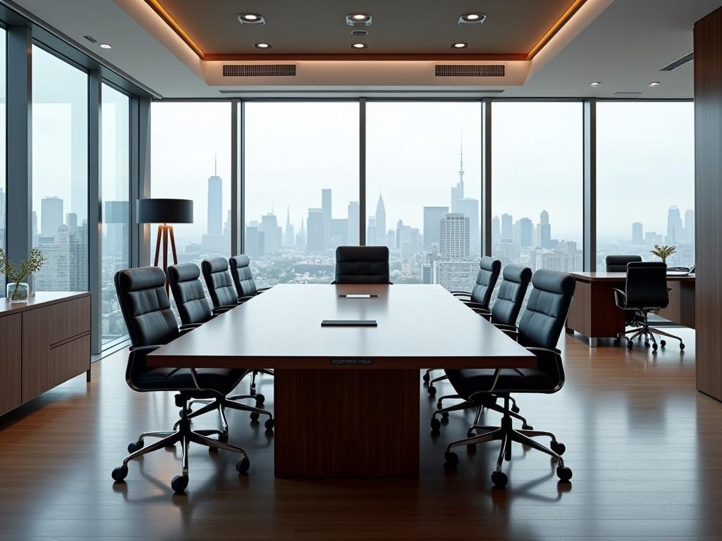 This image presents a modern and sleek conference room. The room features a large wooden table surrounded by black leather chairs, providing a comfortable meeting area. Floor-to-ceiling windows offer a stunning view of a city skyline, enhancing the professional atmosphere. Natural light floods the space, creating a bright and inviting environment. There's a stylish lamp in one corner, adding a touch of elegance, while a large desk is visible in the background, suggesting an executive workspace. The overall design is minimalist, with clean lines and a neutral color palette.