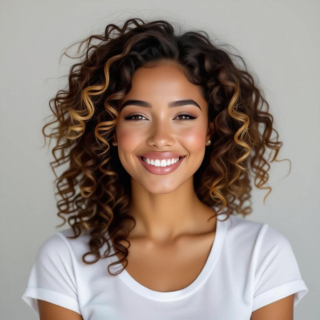 Image of a college girl with beautiful hair styled in caramel-colored curls. She has a neutral expression. The girl has a well-defined mouth and a casual white t-shirt. The overall look is youthful and elegant.