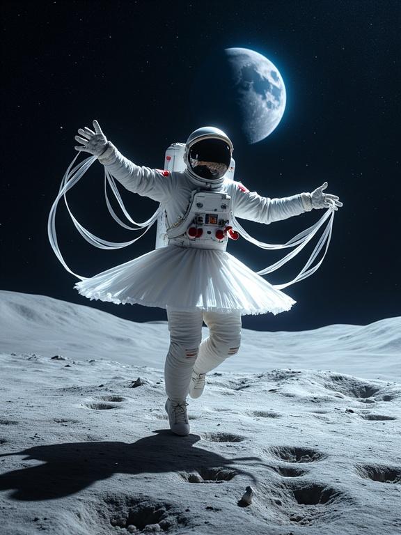 Astronaut performing a dance on the lunar surface. Spacesuit merges with a ballet costume. Light ribbons flow from hands. Earth rises in background. Meteors fall visually. Lunar soil shines like silver. Robots dance in synchronization.