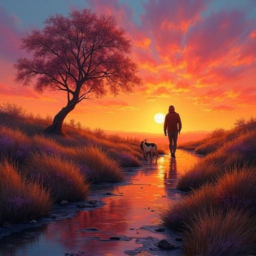 Surrealist landscape features a person walking a dog during a vibrant sunset. Background showcases striking colors blending orange and purple hues. Oil painting technique enhances the texture and emotional depth. Tranquility of nature highlighted throughout.