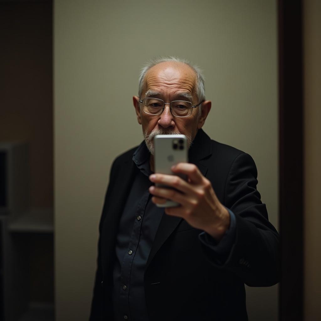 Elderly person takes a blurry selfie in a mirror. The person looks contemplative. Soft lighting enhances the mood.