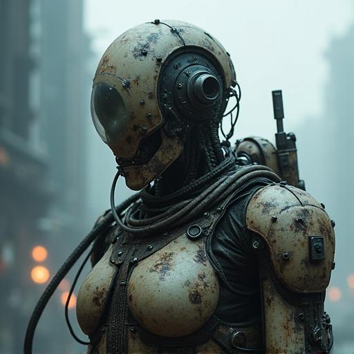 Cybernetic warrior wears decaying exosuit. Grotesque fusion of corpse and machine. Wires and tubes protrude from synthetic flesh. Smoke leaks from rusted armor plates. One eye glows dimly, other is cracked sensor lens. Background shows industrial wasteland. Cold metal structures in thick fog. Distant pulsating lights. Expressionless, soulless design for combat. Style is gritty science fiction and dark dystopian.