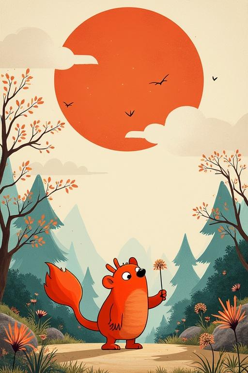 A cartoon fox stands in an autumn landscape. The fox holds a flower. A large red sun is in the background with birds flying. The scene features mountains, trees, and various plants.