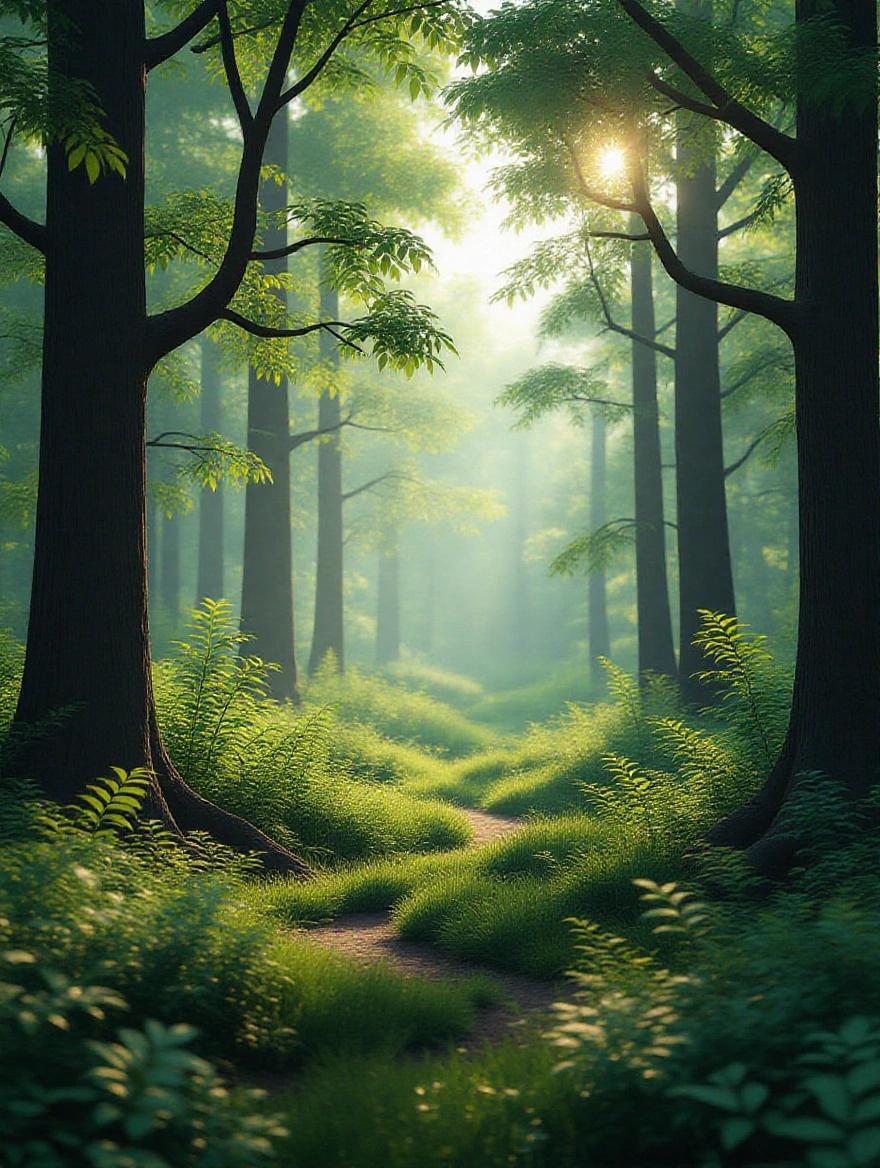 3D rendering of serene forest scene. Nature's Sanctuary theme emphasized. Includes lush greenery and soft sunlight through trees. Mood is peaceful and inviting.
