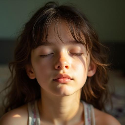 Close-up shot of a high school girl with a relaxed expression. Eyes gently closed. Soft natural light illuminating her face. Calm and tranquil atmosphere.