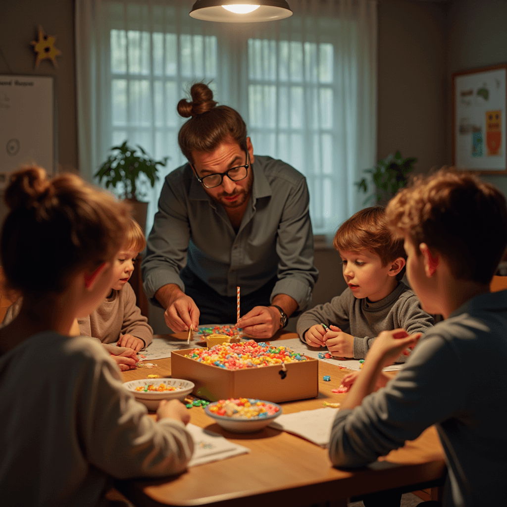 A teacher guides children in a hands-on educational activity involving colorful beads.